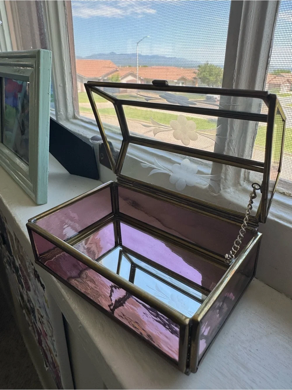 Vintage Brass and Stained Glass Trinket /Jewelry Box by Via Vermont. Mid-Century